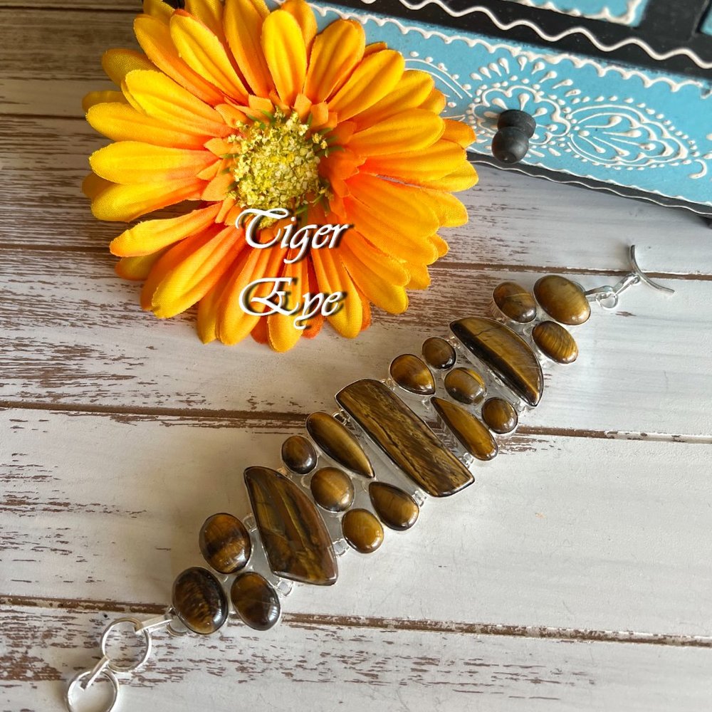 Tiger Eye Bracelet Handmade Gemstone Crystal 925 Silver Large Adjustable Ethnic - Picture 11 of 12